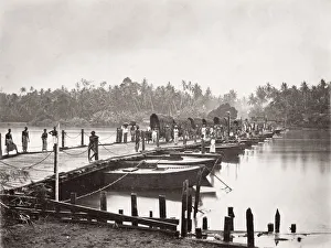 Carts and pedestrians, wooden pontoon bridge, Sri Lanka, Ceylon