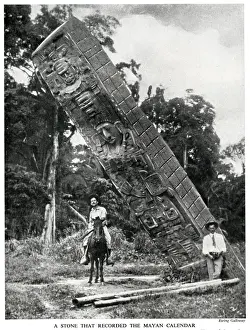 Mayan Prints: Carved stone pillar of Mayan Calendar, Quirigua, Guatemala