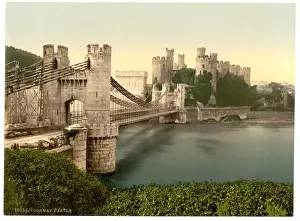 Castle and suspension bridge, Conway (i. e. Conwy), Wales