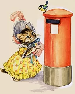 Images Dated 8th June 2007: Cat in a bonnet posting a letter at a letter box
