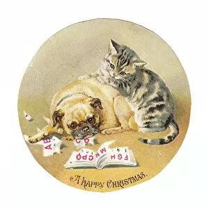 Ripped Gallery: Cat and dog on a circular Christmas card