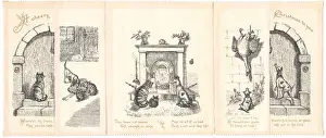 Cat and dog outside and inside a house on a Christmas card