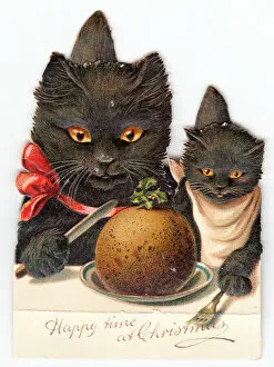 Holly Collection: Cat and kitten with pudding on a cutout Christmas card
