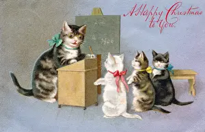 Classroom Prints: Cat and kittens in a schoolroom on a Christmas postcard