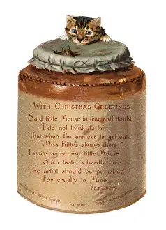 Victorian And Edwardian Christmas Card Prints: Cat and mouse on a pot-shaped Christmas card