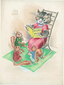 Enid Prints: Cat reading fairy tales to squirrels
