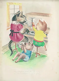 Enid Prints: Cat teaching pig the piano other playing wind