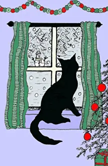 Perches Prints: Cat watching the snow fall outside