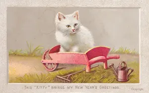 Rake Prints: Cat in wheelbarrow on a New Year card