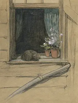Flowerpots Prints: Cat on a windowsill by Muriel Dawson