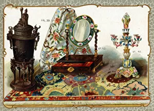 Catalogue illustration, carpet, embroidery, vase, etc