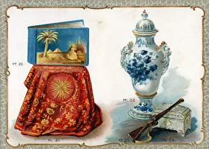 Donated Prints: Catalogue illustration, embroidered cloth, vase, album, etc