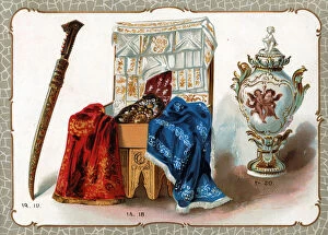 Abdul Collection: Catalogue illustration, embroidered cloths, sword, vase