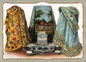 Images Dated 25th April 2019: Catalogue illustration, embroidered covers and tobacco set