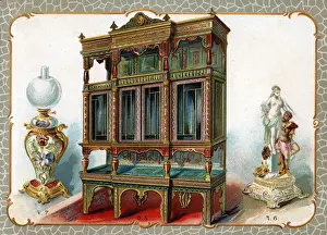 Postwar Prints: Catalogue illustration, ornate cupboard, lamp, ornament