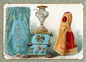 Donated Prints: Catalogue illustration, vase, embroidery, carpet, costume