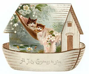 Victorian and Edwardian Christmas Cards Gallery: Two cats on a cutout Christmas card