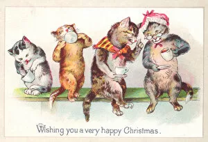 Glasses Collection: Four cats drinking tea on a Christmas card