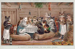 Cats enjoying a dinner party on a Christmas card