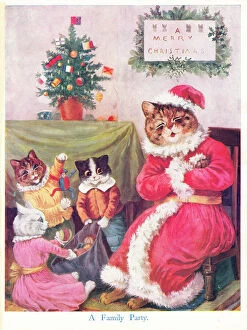 Kittens Collection: Cats enjoying a party on a Christmas card