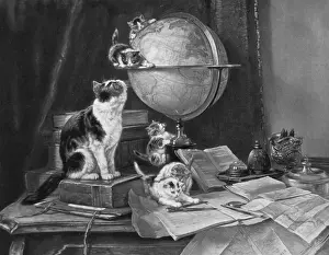 Lively Prints: Cats and kittens playing with a globe on a desk