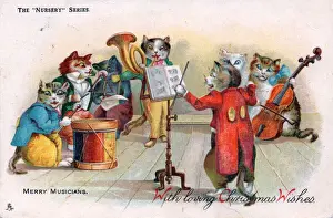 Stringed Prints: Cats playing musical instruments on a Christmas postcard