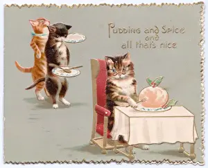 Sprig Prints: Three cats with pudding on a Christmas card