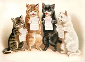 Singing Prints: Four cats singing on a greetings postcard