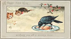 Two cats watching a bird on a New Year card