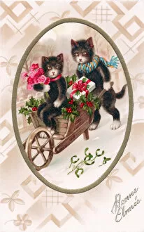 Two cats with wheelbarrow on a French New Year postcard