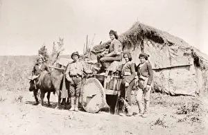 Caucasus Prints: Caucasus Georgia - group of Georgian men with bullock cart