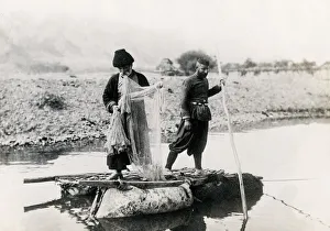 Caucasus Prints: Caucasus Georgia Tiflis Tblisi - men fishing from a raft