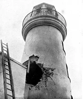 Caused by a single German shell: Damage done to Scarborough Lighthouse
