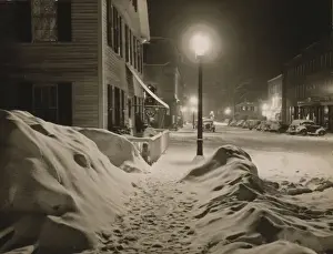 Vermont Prints: Center of town. Woodstock, Vermont. Snowy night