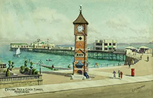 Lancs Prints: Central Pier and Clock Tower, Morecambe, Lancashire