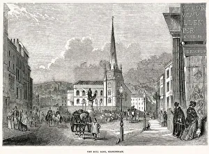 In the centre of the High Street, Bull Ring, market, Birmingham. Date: 1844