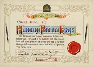 Magicians Gallery: Certificate for Harry Price from the Magicians Club