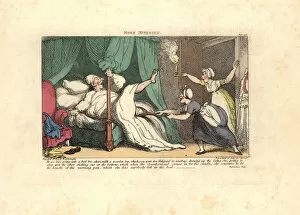 Chambermaid pulling on a sleeping guests wooden leg