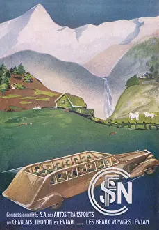 Bains Prints: Charabanc tours of the Alps, from Evians-les-Bains, Savoie. Date: 1938