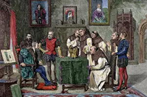 Abdication Prints: Charles I of Spain (1500-1558) at Yuste, Engraving. Colored