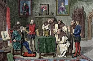 Abdication Gallery: Charles I of Spain (1500-1558) at Yuste, Engraving. Colored