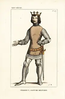 Gauntlets Prints: Charles V, King of France, military costume, 1338-1380