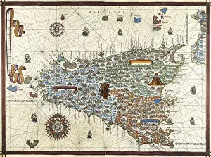Volcano Prints: Chart by Joan Martines. Island of Sicily (1591)
