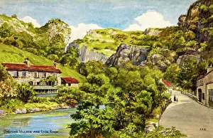 Cheddar Prints: Cheddar Village and Lion Rock, Cheddar Gorge, Somerset