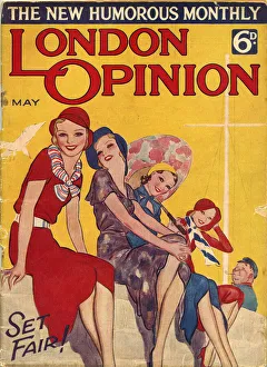 Happiness Prints: Cheery cover of London Opinion magazine, May 1932, featuring a group of gaily dressed