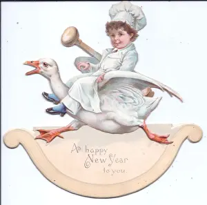 Movable Prints: Chef riding a goose on a movable New Year card