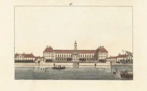 Carl Bertuch Prints: Chelsea Hospital viewed from the River Thames, London