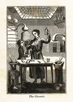 Enlightenment Prints: Chemist holding up a flask at a table in a laboratory