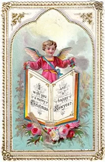 Images Dated 21st October 2015: Cherub with book and roses on a Christmas card