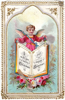 Images Dated 21st October 2015: Cherub with book and roses on a Christmas card